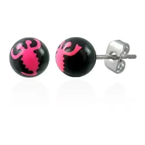Biżuteria e-shop Kolczyki ze stali czarne kuleczki - znak różowy skorpion
