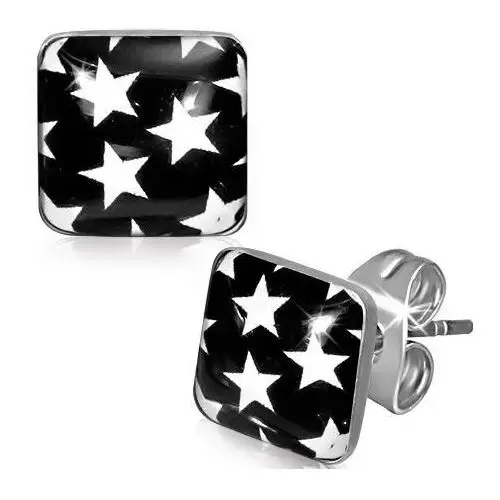 Kolczyki ze stali - czarne kwadraty z białymi gwiazdami