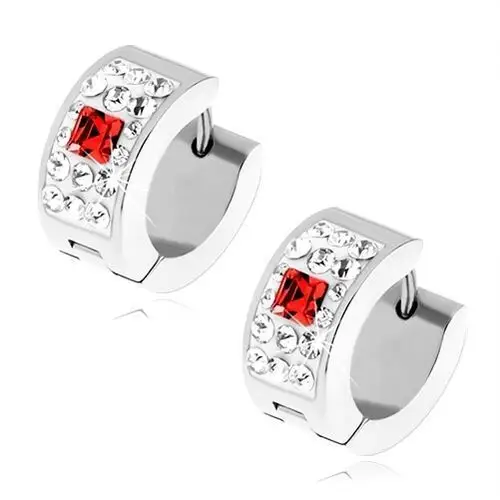 Biżuteria e-shop Kolczyki ze stali srebrnego koloru, przezroczyste kamyczki, czerwony cyrkoniowy kwadrat