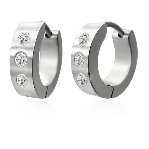 Kolczyki ze stali srebrnego koloru - trzy bezbarwne cyrkonie, kajdankowe zapięcie Biżuteria e-shop
