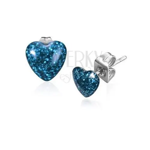 Kolczyki ze stali, symetryczne brokatowe serce w niebieskim kolorze