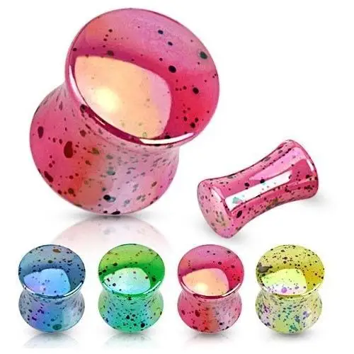 Kolorowy siodłowy plug z akrylu, czarne plamy, tęczowy odblask - szerokość: 10 mm, kolor: różowy Biżuteria e-shop