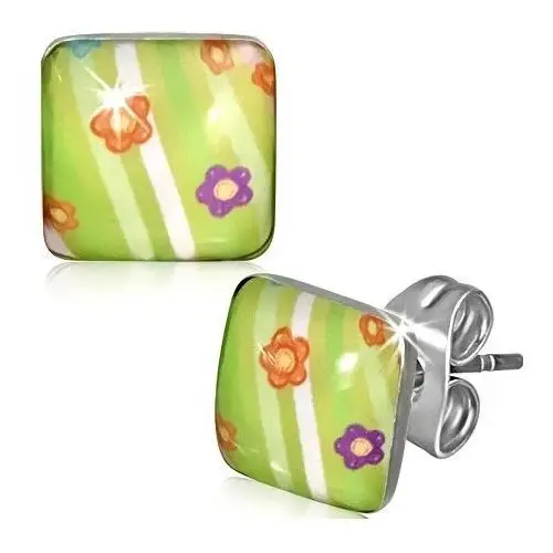 Kwadratowe stalowe kolczyki - zielone z kwiatkami i prążkami, AA39.25