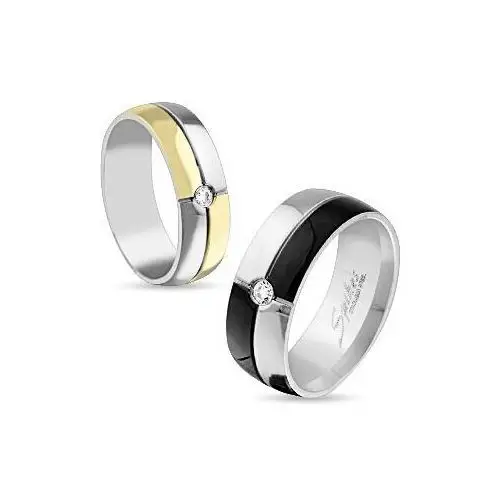 Lśniąca obrączka ze stali srebrnego i złotego koloru, ozdobne nacięcia, przezroczysta cyrkonia, 6 mm - rozmiar: 57 Biżuteria e-shop