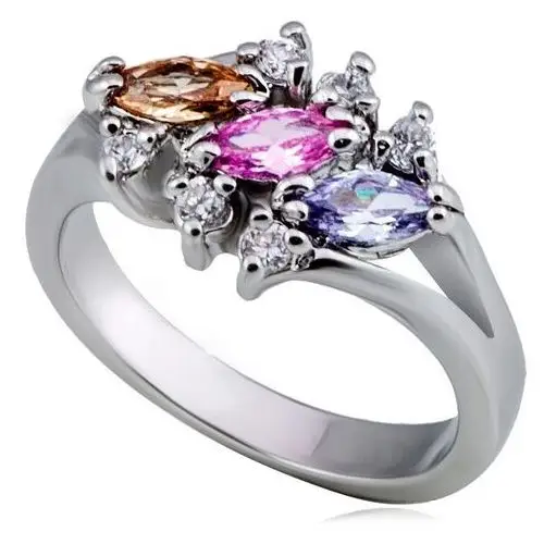 Lśniący metalowy pierścionek - trzy kolorowe cyrkonie ziarenka, przeźroczyste - rozmiar: 56 Biżuteria e-shop