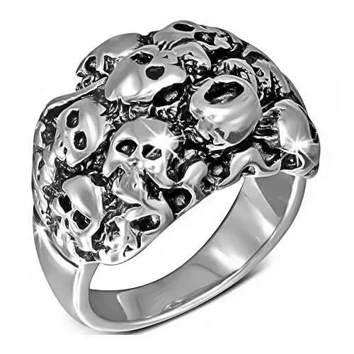 Lśniący mroczny pierścień ze stali - góra ludzkich czaszek - rozmiar: 67 Biżuteria e-shop