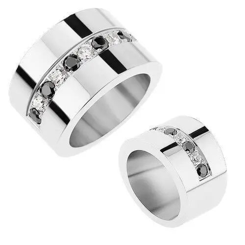 Biżuteria e-shop Lśniący pierścionek ze stali 316l o lustrzanym połysku, bezbarwne i czarne błyszczące cyrkonie - rozmiar: 56