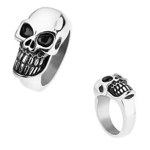 Lśniący pierścionek ze stali chirurgicznej, poziomo umieszczona czaszka, czarna patyna - rozmiar: 62 Biżuteria e-shop