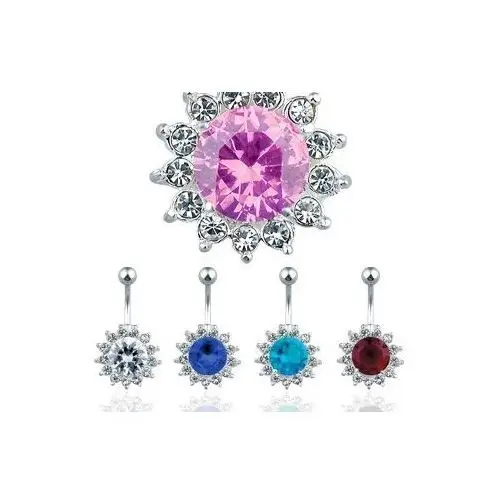 Biżuteria e-shop Lśniący stalowy piercing do pępka - kolorowy cyrkoniowy kwiat - kolor cyrkoni: różowy - p
