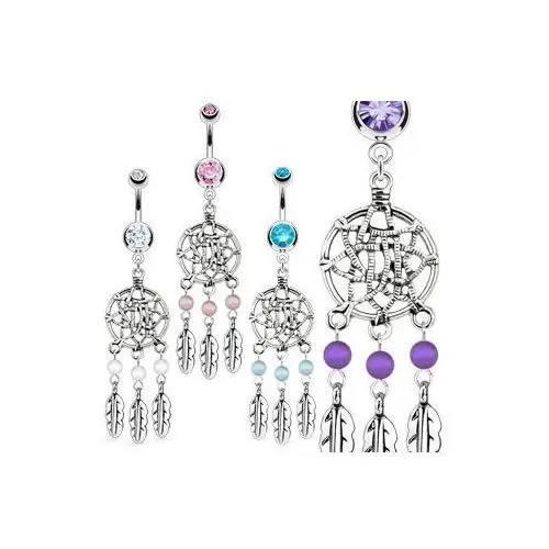 Lśniący stalowy piercing do pępka - łapacz snów, piórka, kulki - kolor cyrkoni: aqua niebieski - q Biżuteria e-shop