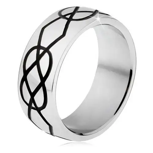 Lśniący stalowy pierścionek, grube czarne nacięcia w kształcie rombów i łezek - Rozmiar: 64