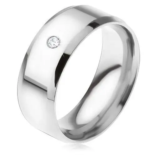 Biżuteria e-shop Lśniący stalowy pierścionek, ścięte krawędzie, przezroczysty okrągły kamyczek - rozmiar: 62
