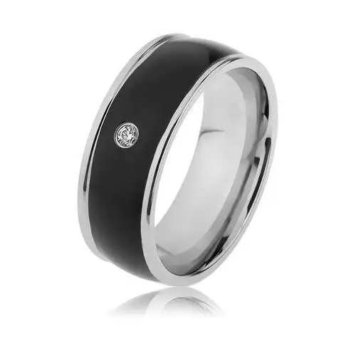 Lśniący stalowy pierścionek srebrnego koloru, czarny wypukły pas z przezroczystą cyrkonią - Rozmiar: 70, kolor czarny