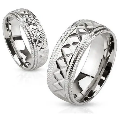 Lśniący stalowy pierścionek srebrnego koloru, karby i geometryczne nacięcia, 8 mm - rozmiar: 62 Biżuteria e-shop