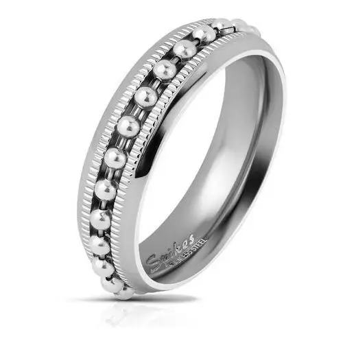 Lśniący stalowy pierścionek srebrnego koloru, łańcuszek z kuleczek, karbowane linie, 6 mm - Rozmiar: 52, kolor szary