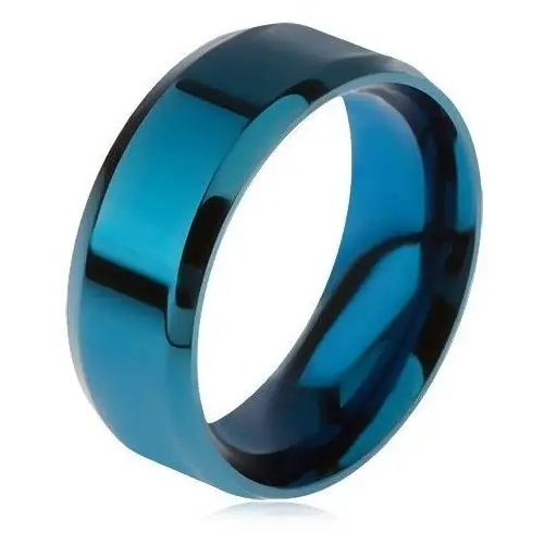 Lśniący stalowy pierścionek w niebieskim kolorze, ścięte krawędzie - Rozmiar: 64