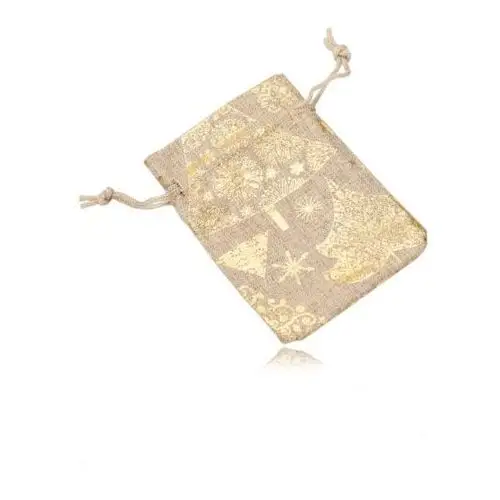 Mała płócienna torebka na prezent, połyskujący złoty motyw świąteczny, sznurek do wiązania, Y17.15
