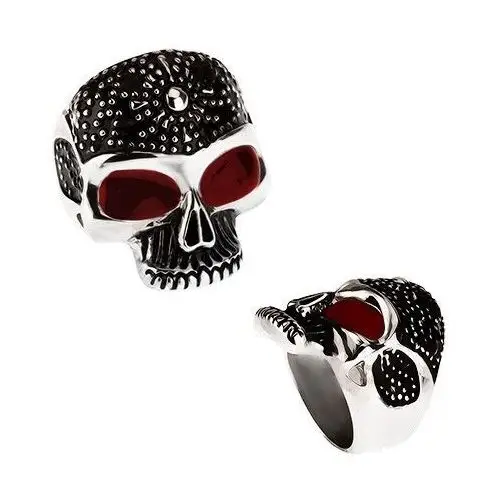 Biżuteria e-shop Masywny pierścień ze stali 316l, patynowana czaszka, kropki, czerwona oczy - rozmiar: 63