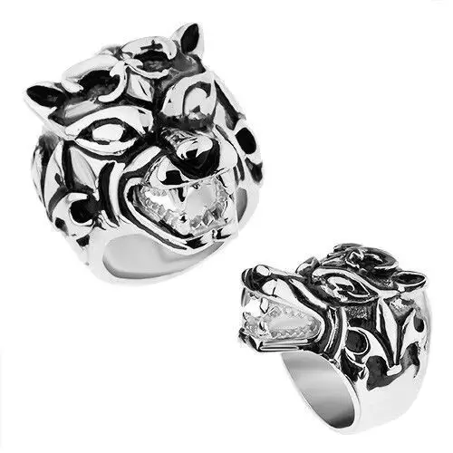 Masywny pierścień ze stali 316l, wypukły patynowany wilk, fleur de lis - rozmiar: 61 Biżuteria e-shop