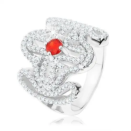Masywny pierścionek, srebro 925, czerwona cyrkonia, rozciągnięty ornament - krzyż - Rozmiar: 50, kolor czerwony