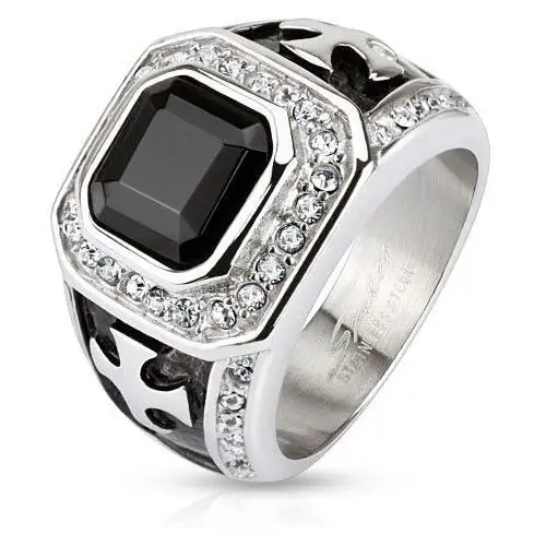 Biżuteria e-shop Masywny pierścionek z chirurgicznej stali, czarny cyrkoniowy kwadrat, przezroczyste pasy, krzyże - rozmiar: 68