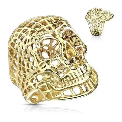 Biżuteria e-shop Masywny pierścionek ze stali 316l, lśniący złoty kolor, siatkowana czaszka - rozmiar: 66