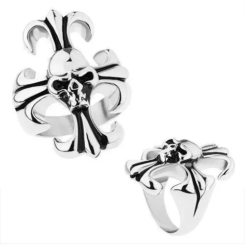 Masywny pierścionek ze stali 316l, srebrny kolor, liliowy krzyż z czaszką - rozmiar: 61 Biżuteria e-shop