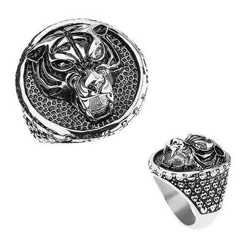 Masywny pierścionek ze stali 316l, tygrys z wyszczerzonymi zębami, patynowany - rozmiar: 60 Biżuteria e-shop