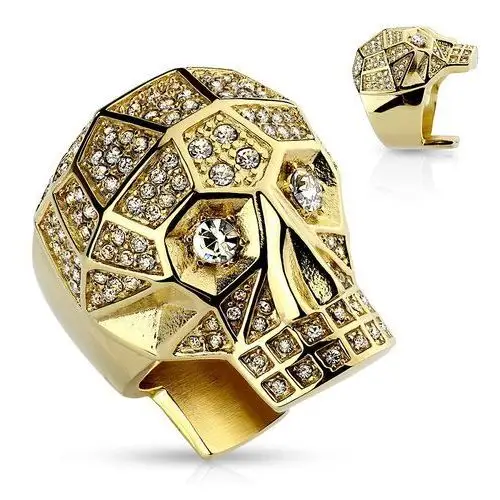 Masywny pierścionek ze stali 316L, złoty kolor, czaszka, przezroczyste kryształy - Rozmiar: 70
