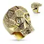 Masywny pierścionek ze stali 316L, złoty kolor, czaszka, przezroczyste kryształy - Rozmiar: 70 Sklep