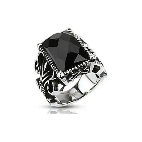 Masywny stalowy pierścionek, czarny oszlifowany prostokąt, rzeźbione ramiona - Rozmiar: 54, AB06.17