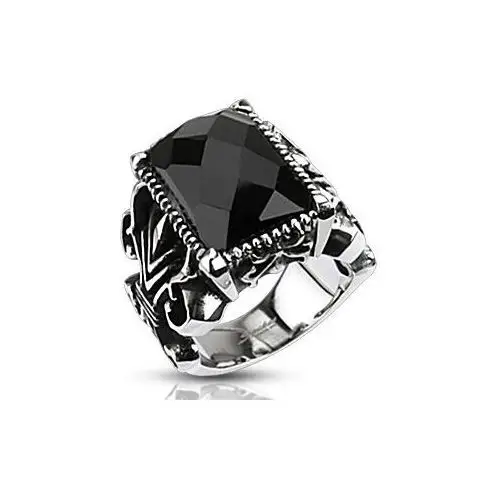 Biżuteria e-shop Masywny stalowy pierścionek, czarny oszlifowany prostokąt, rzeźbione ramiona - rozmiar: 53