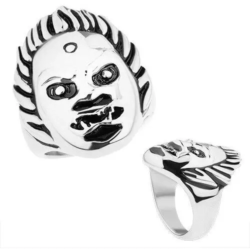 Masywny stalowy pierścionek, lśniąca powierzchnia, twarz demona, srebrny odcień - Rozmiar: 62