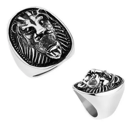 Biżuteria e-shop Masywny stalowy pierścionek srebrnego koloru, wypukła głowa lwa z patyną - rozmiar: 65