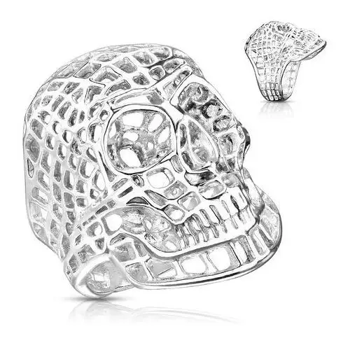 Biżuteria e-shop Masywny stalowy pierścionek w srebrnym kolorze, siatkowana czaszka - rozmiar: 62