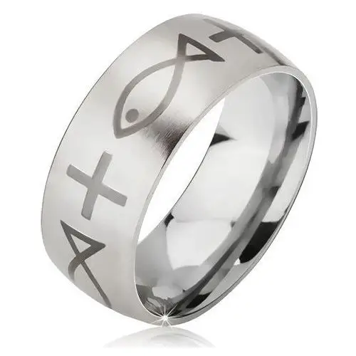 Biżuteria e-shop Matowy pierścionek ze stali - srebrna obrączka, nadruk ryb i krzyża - rozmiar: 60