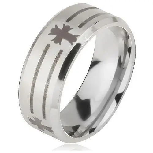 Matowy stalowy pierścionek - srebrna obrączka, nadruk pasów i liliowego krzyża - Rozmiar: 60