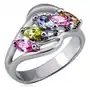 Biżuteria e-shop Metalowy pierścionek, rozgałęzione ramiona z kolorowymi cyrkoniami w rzędzie - rozmiar: 59 Sklep