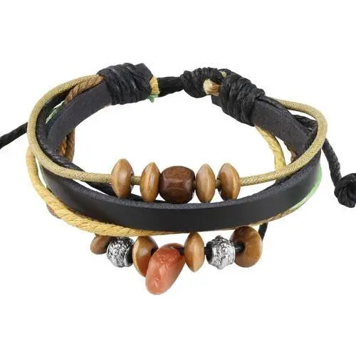 Biżuteria e-shop Multi bransoletka - grubszy czarny skórzany pasek, sznurki w trzech kolorach, mix koralików, agat
