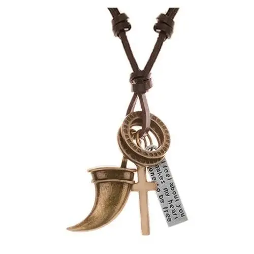 Naszyjnik - sznurek ze sztucznej skóry z zawieszkami, zwierzęcy ząb, krzyż, blaszka i kółka Biżuteria e-shop