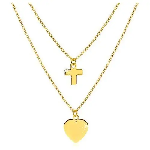 Naszyjnik z żółtego 14K złota - lśniące symetryczne serce i kontur krzyża