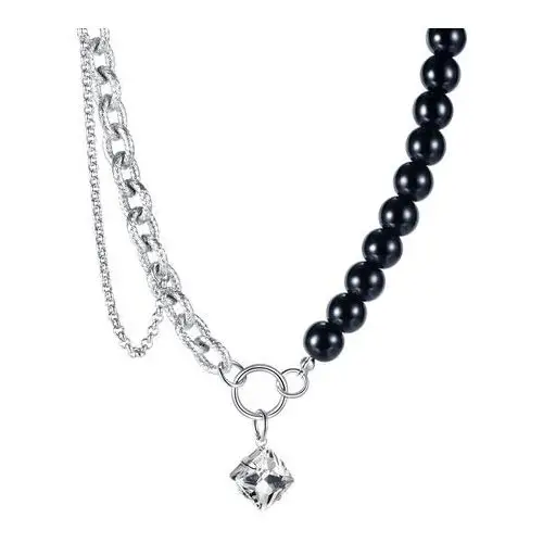 Biżuteria e-shop Naszyjnik ze stali 316l - czarne szklane koraliki, cyrkoniowa zawieszka, dwa rodzaje łańcuszków