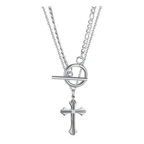 Biżuteria e-shop Naszyjnik ze stali 316l srebrnego koloru - krzyż w kształcie koniczyny z nacięciami, podwójny łańcuszek