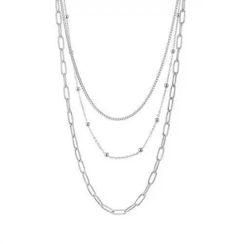 Naszyjnik ze stali w kolorze srebrnym - potrójny łańcuszek z różnymi wzorami, kuleczki, SP16.17