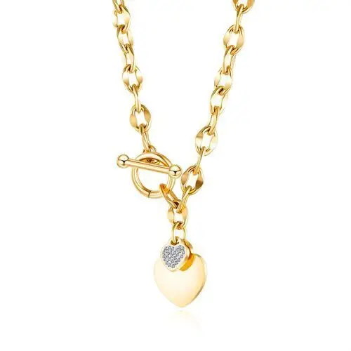 Naszyjnik ze stali, złotego koloru - zawieszki w kształcie serca, bezbarwne cyrkonie, zapięcie przewlekane Biżuteria e-shop