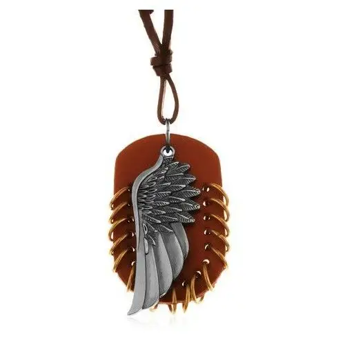 Naszyjnik ze sztucznej skóry, zawieszki - brązowy owal z krążkami i anielskim skrzydłem Biżuteria e-shop