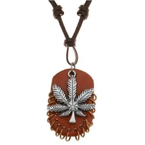 Naszyjnik ze sztucznej skóry, zawieszki - liść marihuany i brązowy owal z krążkami Biżuteria e-shop