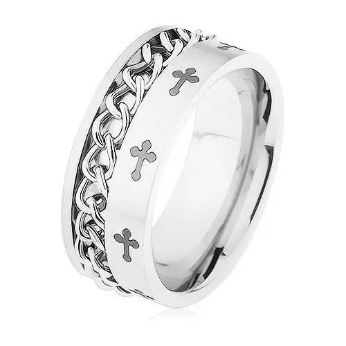 Obrączka ze stali 316l srebrnego koloru, łańcuszek, liliowe krzyże - rozmiar: 70 Biżuteria e-shop