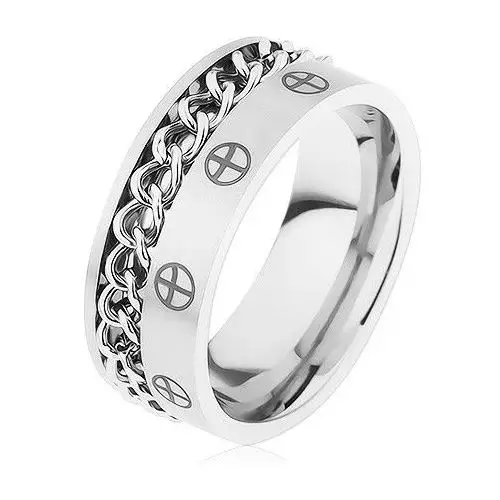 Obrączka ze stali 316l, srebrny kolor, łańcuszek, krzyżyki w kółkach - rozmiar: 62 Biżuteria e-shop
