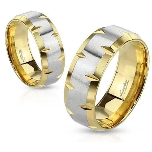 Obrączka ze stali 316l, złoty i srebrny odcień, nacięcia na krawędziach, 6 mm - rozmiar: 49 Biżuteria e-shop